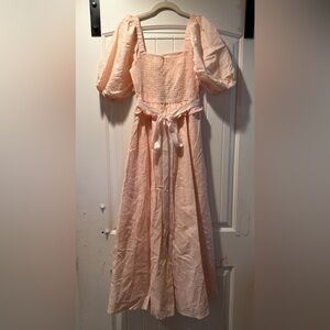 Peach Puff Maxi Dress with Puff Sleeves and Smocked Bodice